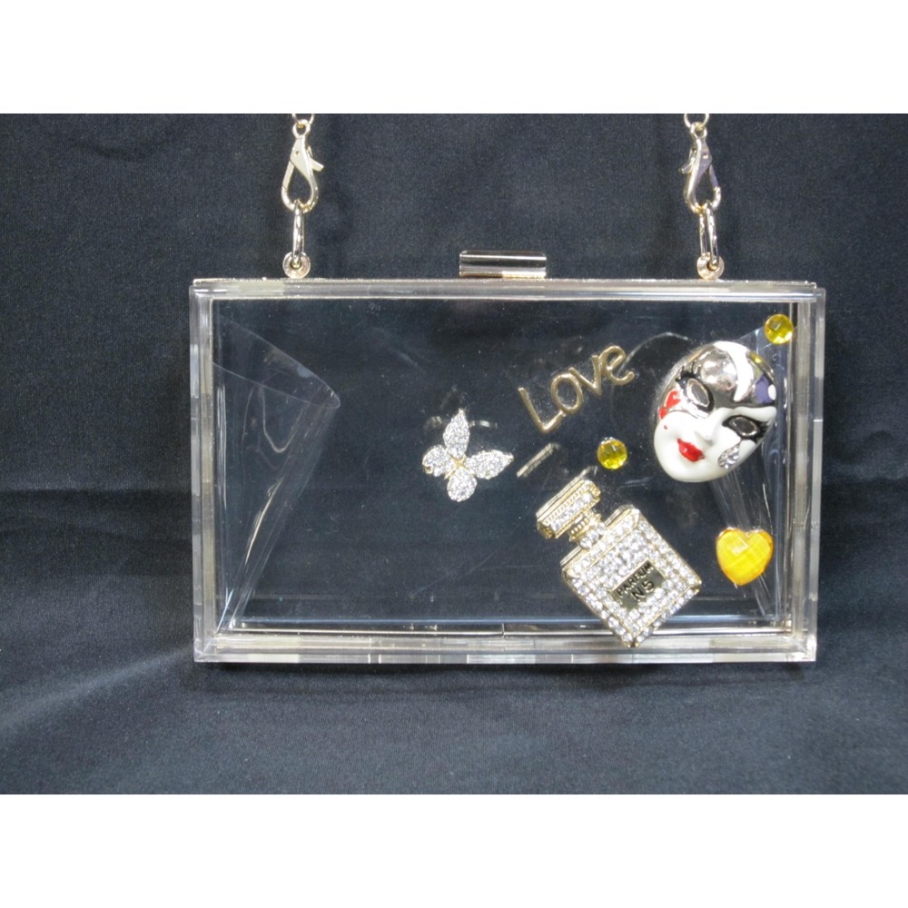 Clear Acrylic Box Clutch Purse Transparent Novelty Crossbody Bag Gold Chain